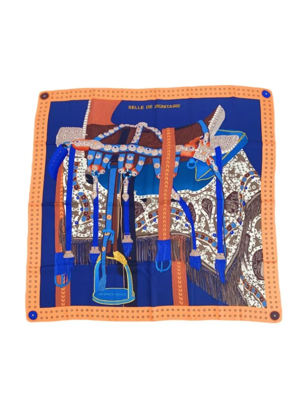Hermes Carre 90 Selle de Dignitaire Dignitary's Saddle Orange Blue Scarf Silk - Picture 2 of 7